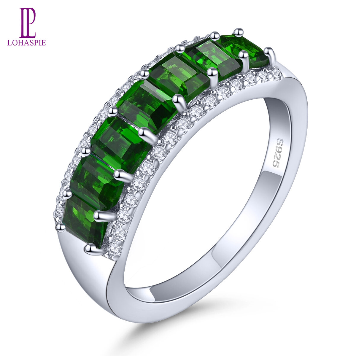 Lohaspie Jewelry Genuine 1.6 Carats Silver Ring For Women 925 Original Natural Chrome Diopside Ring Green Gemstone Birthstone Ring Jewelry Gift