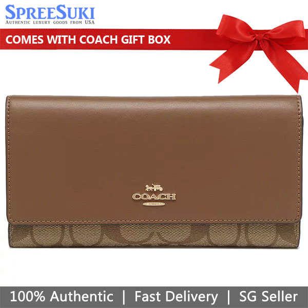 Coach Wallet In Gift Box Long Wallet Signature Slim Trifold Wallet Khaki Saddle Brown # C5966